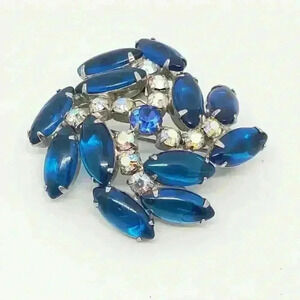 Vintage Brooch Blue Marquise Cabochon & AB Rhinestone Swirl Pin